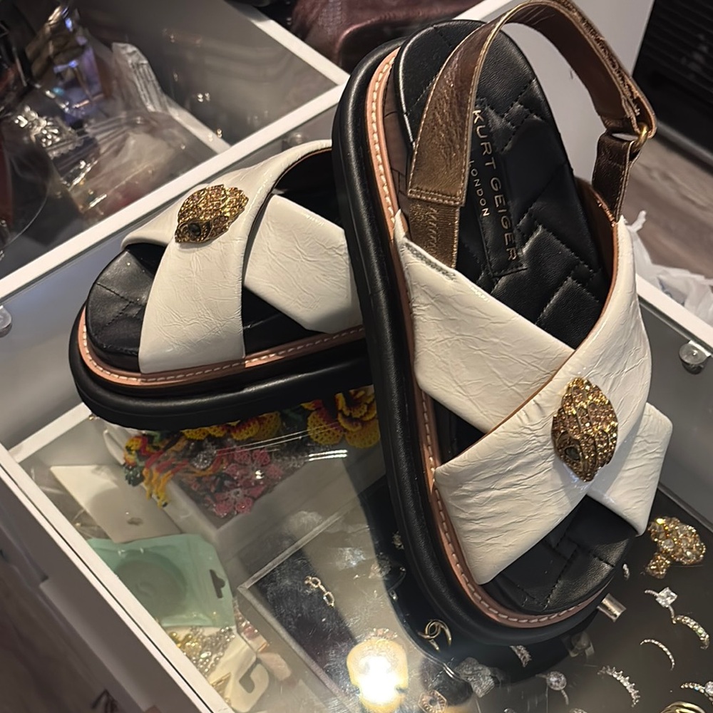 Kurt Geiger Black and White Sandals with Gold Detail